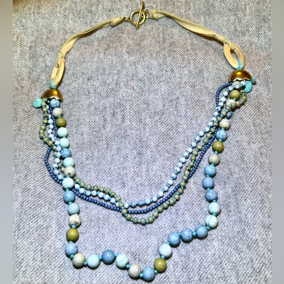 Pressed Turquoise 4 stranded Beaded Necklace with leather & wood Accents 24” - Picture 2 of 10